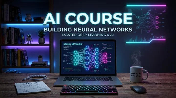 Cover of an online AI course: a laptop on a desk in soft neon light, title “AI COURSE”