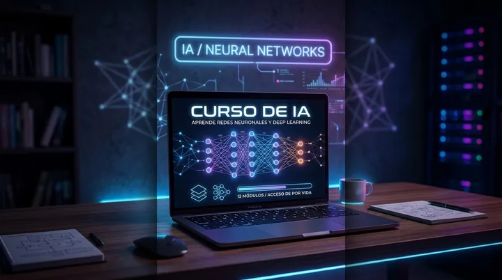 Portada de un curso online de IA en la pantalla de un portátil