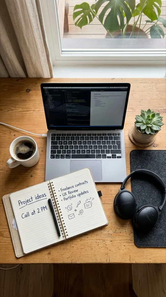 A freelancer's desk, top view, with a notebook that says “Project ideas” and “Call at 2 PM”