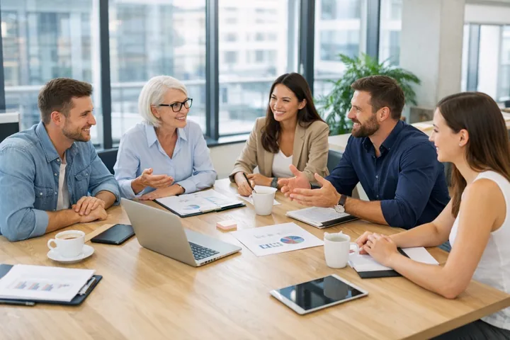 A team discussing a project in an office