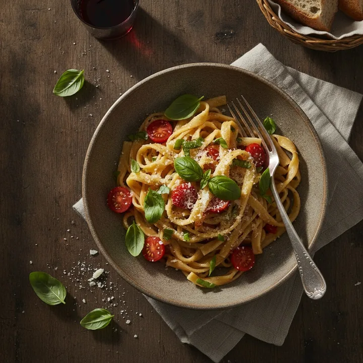 Original photo: a plate of pasta with basil on a dark table
