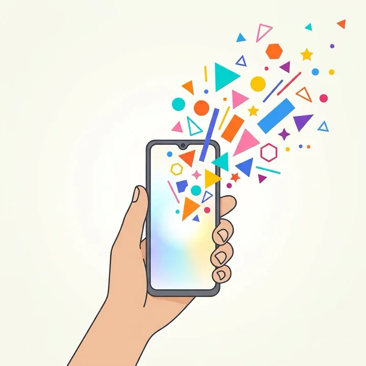 A hand holding a smartphone, shapes flying out of the screen