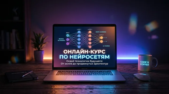 Обложка онлайн-курса по нейросетям на экране ноутбука
