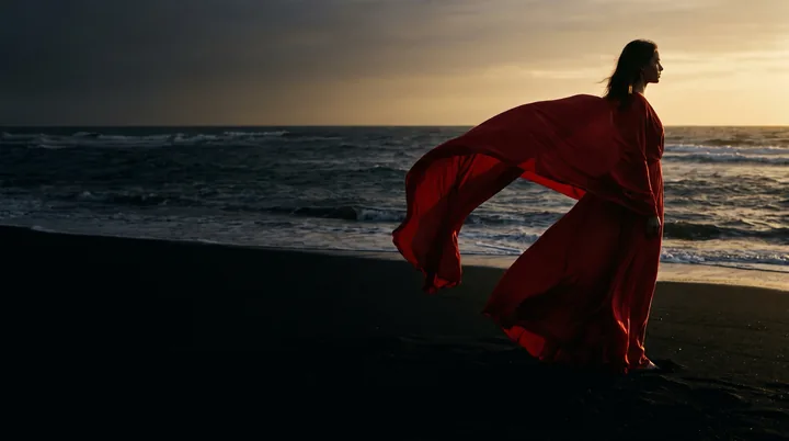 A woman in a flowing crimson silk dress on a black sand beach at dusk, made in Risovator on Nano Banana Pro