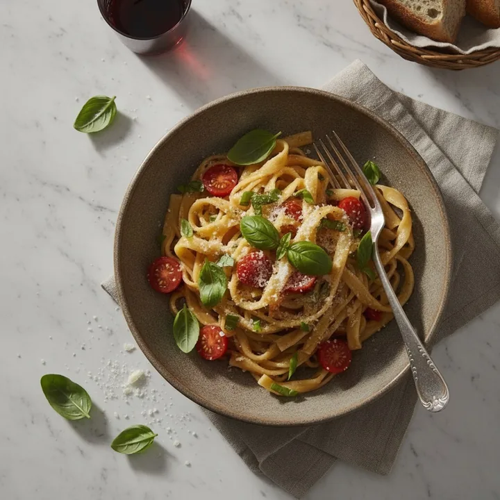 The same plate of pasta on a white marble table