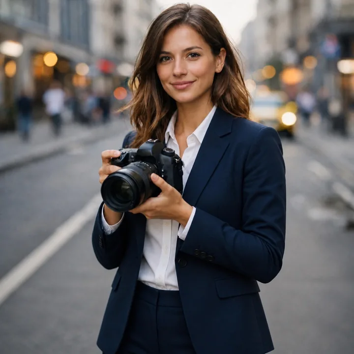 The same woman in a navy business suit and a white shirt