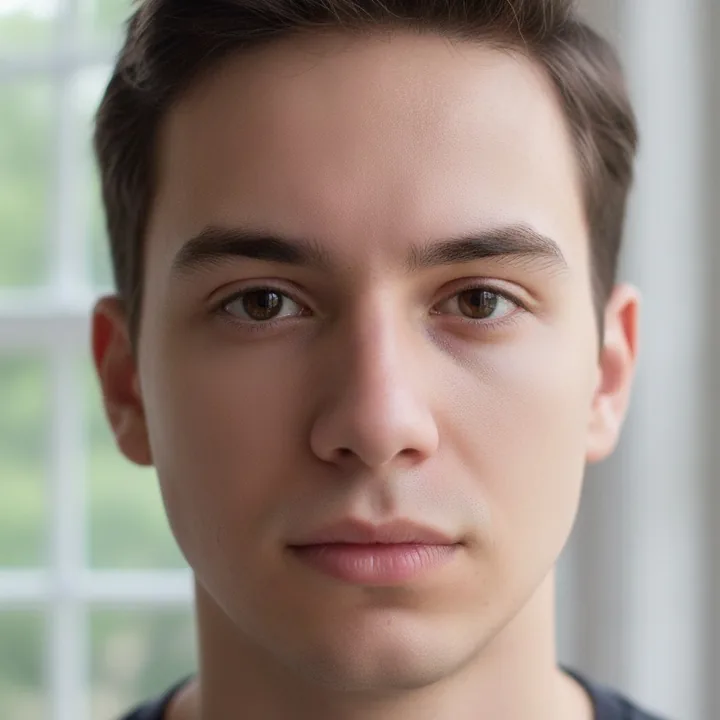 The same man with clear skin, facial features and background unchanged