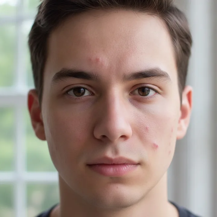 Original photo: a portrait of a man with spots and redness on his forehead and cheeks
