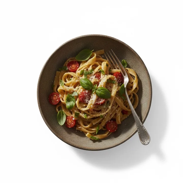 A plate of pasta on a white background with a soft shadow