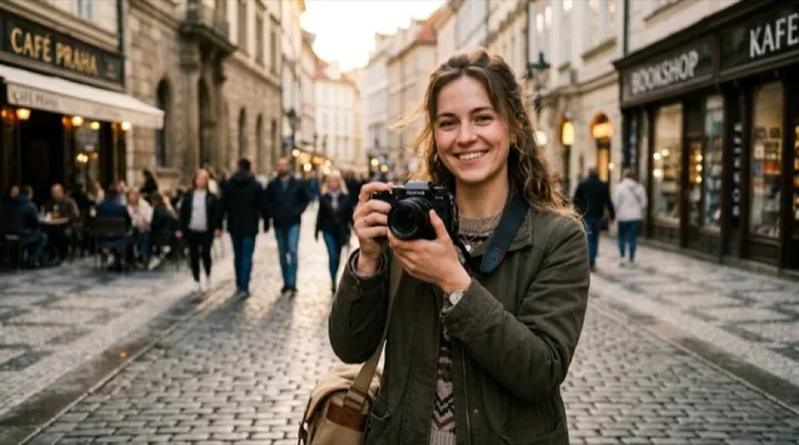 A woman photographer with a camera on a city street