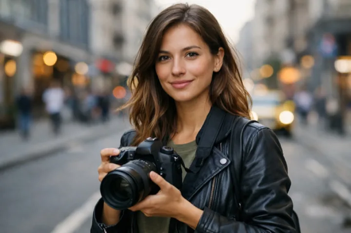 Original photo: a woman photographer in a leather jacket on the street