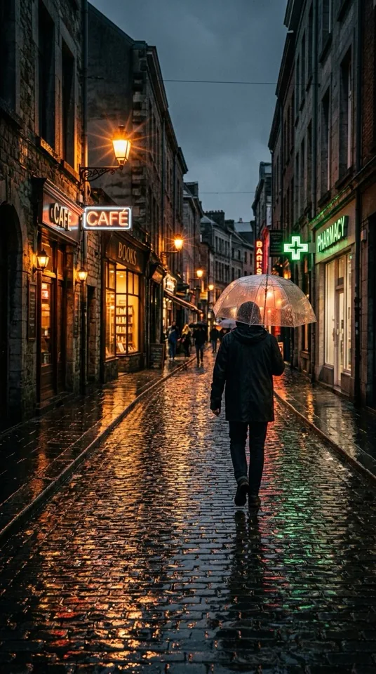 An evening street after rain with CAFE, BOOKS and PHARMACY signs