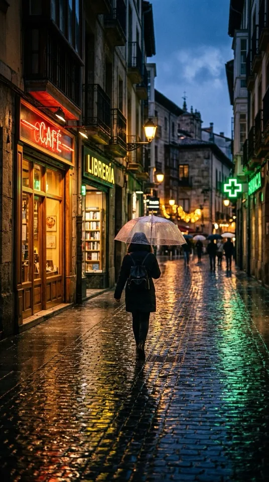 Calle al anochecer tras la lluvia con los letreros CAFÉ, LIBRERÍA y FARMACIA