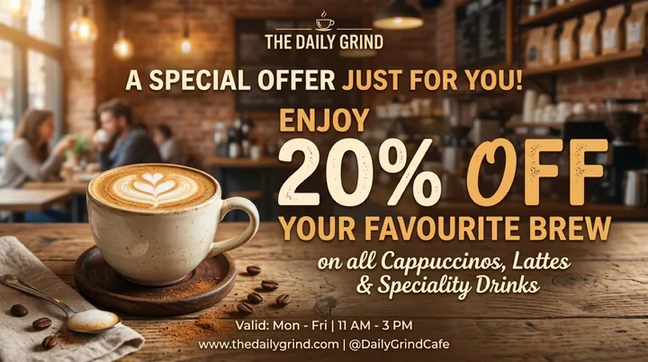 Coffee shop banner: “A special offer just for you!”, “Enjoy 20% OFF your favourite brew” next to a cappuccino cup