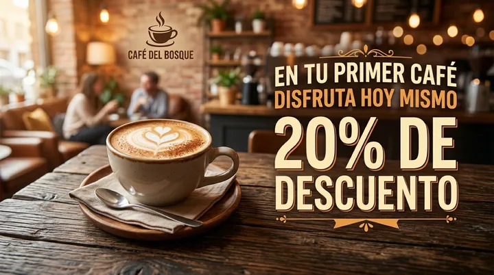Banner de cafetería: «EN TU PRIMER CAFÉ», «DISFRUTA HOY MISMO» y «20% DE DESCUENTO» junto a una taza de capuchino