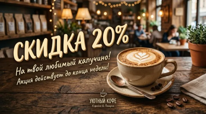 Баннер кофейни: «СКИДКА 20%», «На твой любимый капучино!», «Акция действует до конца недели!»