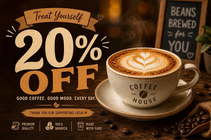Coffee shop banner: large “20% OFF” and “Treat Yourself” next to a cappuccino cup