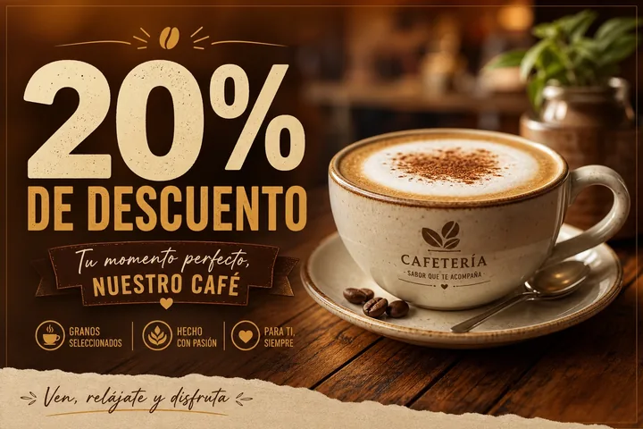 Banner de cafetería: gran inscripción «20% DE DESCUENTO» y «Tu momento perfecto, nuestro café» junto a una taza de capuchino