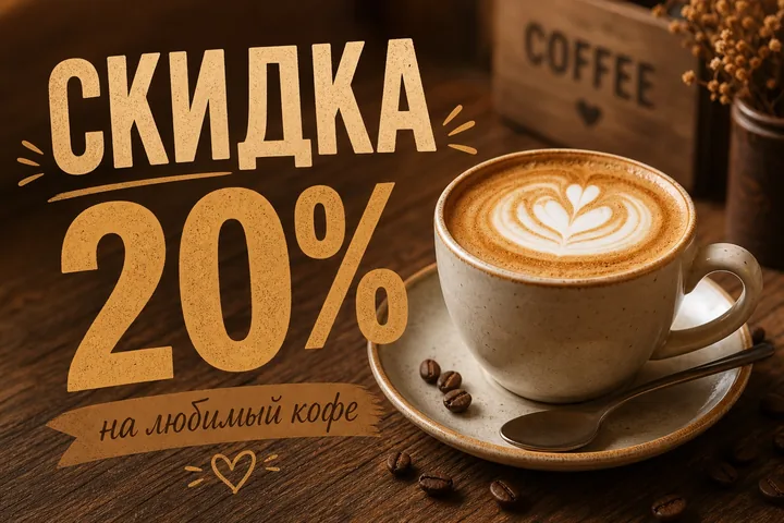 Баннер кофейни: крупная надпись «СКИДКА 20%» и «на любимый кофе» рядом с чашкой капучино